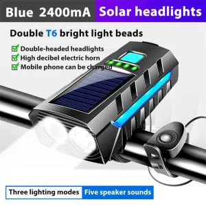 Bikight 4 in 1 Solar Bike Headlight 2400mAh Battery Power Bank 3 Light Modes Waterproof Bicycle Front Light with 130db Horn for MTB Bike Motorcycle Electric Vehicle
