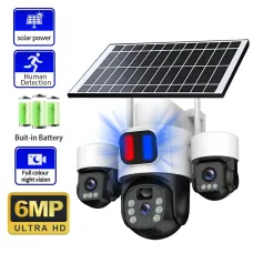 Three Lens 6MP HD Solar Powered Security Camera 5X Zoom PTZ Color Night Vision Red Blue Alarm Wireless WiFi Outdoor AI Human Detection Weatherproof Camera