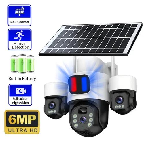 Three Lens 6MP HD Solar Powered Security Camera 5X Zoom PTZ Color Night Vision Red Blue Alarm Wireless WiFi Outdoor AI Human Detection Weatherproof Camera