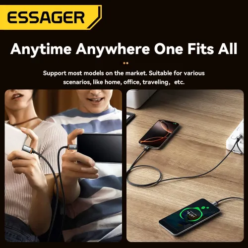 ESSAGER ES-X67 7A 100W USB-A to Type-C+Type-C Cable QC SCP FCP VOOC Fast Charging Data Transmission Tinned Copper Core Line 1M Long for iPhone 16 16 Pro 15 14 for Xiaomi 15 Ultra for Huawei Mate XT for Samsung Galaxy S25 Ultra