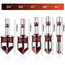 5Pcs Drill Bit Set Premium Countersink Drill Bit with 82-Degree 5 Flutes Quick-Change Hex Shank 1/4 Inch to 3/4 Inch Size for Wood Metal Plastic