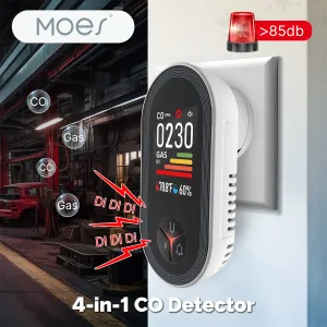 MOES 4-in-1 Plug-in Gas Detector CO Combustible Gas Monitor with Temp/Humidity Sensor Built-in Alarm Digital Display Plug and Play for Home Security