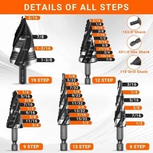 5pcs HSS Spiral Step Drill Bit Set Four Flute 1/8 to 1-3/8 Inch High Speed Steel Hex Shank for Stainless Steel Aluminum Wood Plastic Metal Hole Drilling Tools