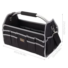 Multi Functional Tool Bag Heavy Duty 40x27x22cm 20kg Capacity Black Organizer with Stainless Steel Handle Adjustable Shoulder Strap and Multiple Tool Pockets