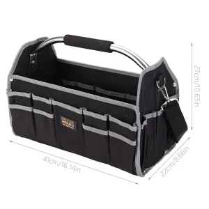 Multi Functional Tool Bag Heavy Duty 40x27x22cm 20kg Capacity Black Organizer with Stainless Steel Handle Adjustable Shoulder Strap and Multiple Tool Pockets