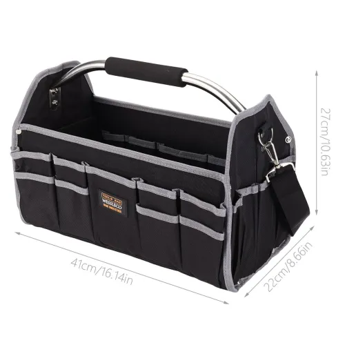 Multi Functional Tool Bag Heavy Duty 40x27x22cm 20kg Capacity Black Organizer with Stainless Steel Handle Adjustable Shoulder Strap and Multiple Tool Pockets