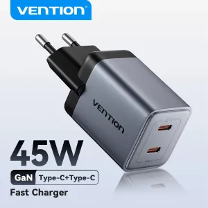 [GaN Tech] Vention 45W 2-Port USB PD Charger Dual USB-C PD3.0 QC3.0 PPS FCP AFC Apple2.4A Fast Charging Wall Charger Adapter EU Plug for iPhone 17 17Pro 16 15 14 Pro Max for Huawei Pura 80 Ultra for Xiaomi 17pro for OPPO for SAMSUNG