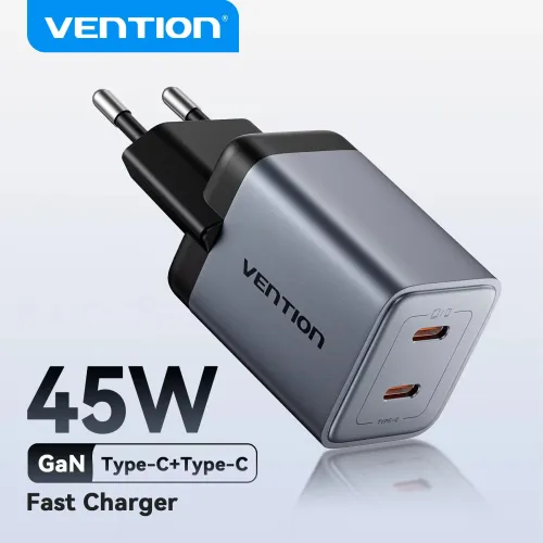 [GaN Tech] Vention 45W 2-Port USB PD Charger Dual USB-C PD3.0 QC3.0 PPS FCP AFC Apple2.4A Fast Charging Wall Charger Adapter EU Plug for iPhone 17 17Pro 16 15 14 Pro Max for Huawei Pura 80 Ultra for Xiaomi 17pro for OPPO for SAMSUNG