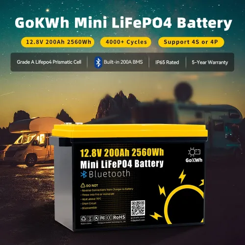 Gokwh 12V 200Ah Mini Bluetooth LiFePO4 Battery Built-in Bluetooth BMS 2560Wh LiFePO4(LFP)  IP65 Protection