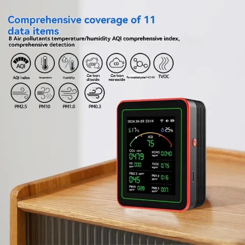 15-in-1 Air Quality Monitor Wifi Tuya App 15-in-1 Smart Tester With stand CO2 CO TVOC HCHO PM2.5 PM1.0 PM10 AQI Battery Powered Real-Time Display for Home Office