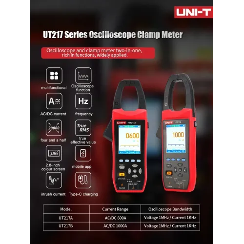 2IN1 UNI-T UT217A UT217B Oscilloscope Multimeter Clamp Meter 1000V AC DC 1000A True RMS Bluetooth Recorder 18650 Lithium Battery NCV Testing Tool