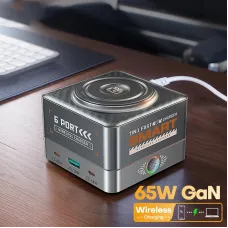 [GaN Tech] WLX-R8C 7-in-1 USB Desktop Charger Station 65W 6-port USB PD Charger with 15W Wireless Charger Pad Fast Desktop Charging Station EU Plug for iPhone 17 17 Pro 16 15 14 Pro Max for Huawei Mate XTs for Oppo for Xiaomi for Apple Watch