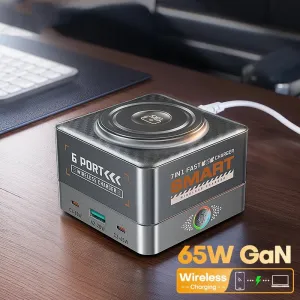 [GaN Tech] WLX-R8C 7-in-1 USB Desktop Charger Station 65W 6-port USB PD Charger with 15W Wireless Charger Pad Fast Desktop Charging Station EU Plug for iPhone 17 17 Pro 16 15 14 Pro Max for Huawei Mate XTs for Oppo for Xiaomi for Apple Watch