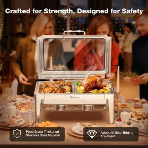 Warmounts 9.5QRectangular Chafing Dish Buffet Set with Hydraulic PivotLid, Stainless Steel Catering Server Food Warmer with 2-Tray Noiseless for Party, Wedding, Restaurant