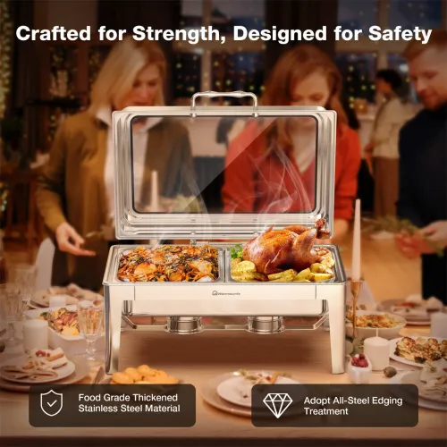 Warmounts 9.5QRectangular Chafing Dish Buffet Set with Hydraulic PivotLid, Stainless Steel Catering Server Food Warmer with 2-Tray Noiseless for Party, Wedding, Restaurant