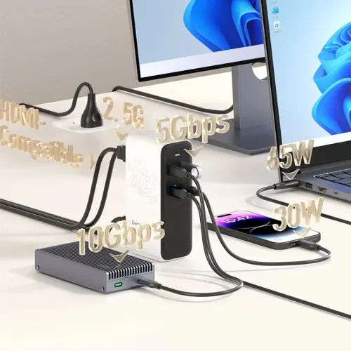 Hagibis PU0701A 100W GaN Docking Station USB Adapter with 5Gbps USB-A 5Gbps 10Gbps Type-C 10Gbps Host 2.5G RJ45 4K@60Hz HD Power Port for Switch ROG Ally Steam Thunderbolt 4/3 Macbook Pro