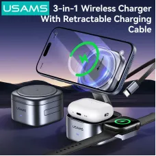 USAMS CD257 Qi2.0 3-in-1 Magnetic Wireless Charger 15W Fast Wireless Charging Stand with Retractable Cable for iPhone 17 17Pro 16 Pro Max 15 14 13 for Android Phone for Apple Watch for Airpods Portable Foldable Design