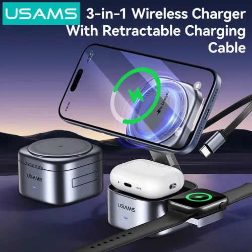 USAMS CD257 Qi2.0 3-in-1 Magnetic Wireless Charger 15W Fast Wireless Charging Stand with Retractable Cable for iPhone 17 17Pro 16 Pro Max 15 14 13 for Android Phone for Apple Watch for Airpods Portable Foldable Design