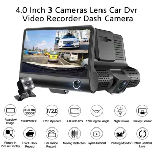 4 Inch 3 Channel Dash Cam Full HD 1080P Front Rear Interior Car Camera Night Vision 170 Degree Wide Angle G-Sensor Loop Recording Parking Monitor
