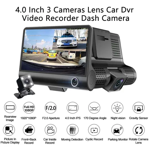4 Inch 3 Channel Dash Cam Full HD 1080P Front Rear Interior Car Camera Night Vision 170 Degree Wide Angle G-Sensor Loop Recording Parking Monitor