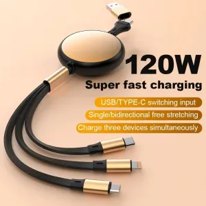 5A 120W USB-A/Type-C to iP/Type-C/Micro USB Cable Fast Charging Data Transmission Copper Core Line 1.2M Long for iPhone 17 17Pro 16 15 14 Pro Max for Huawei Pura 80 Ultra for XIAOMI for SAMSUNG