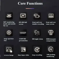 M8 1440P Ultra HD Dash Cam for Recording Front + Interior Car DVR IPS HDR Reversing Image Night Vision 24H Parking Monitoring