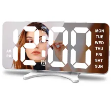 Smart LED Mirror Digital Clock Alarm Clock LED Digital Clock Auto Dimming Mirror Rechargeable Digital Clock for Bedrooms 4 Level Brightness&2 Level Volume