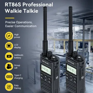 Retevis RT86S Walkie Talkie Long Range Two Way Radio 16 Channels UHF 10W Power 2600mAh Battery LCD Display Flashlight VOXs Hands Free