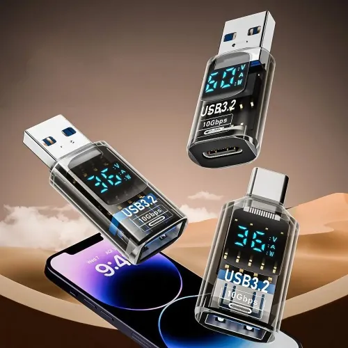 LED Digital Display USB 3.2 Adapter 10Gbps 36-60W Power Meter Tester Smart Chip Data Transmission USB-C Extension Adapter Converter