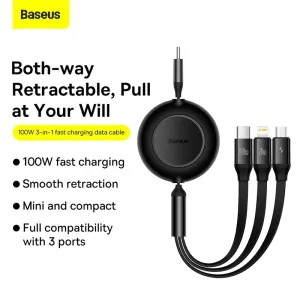 Baseus Bright Mirror Series II 100W Type-C to Micro/iP/Type-C Retractable Cable Fast Charging Data Transmission Copper Core Line 1.1M Long for iPhone 15 14 13 for Samsung Galaxy S24 for Xiaomi 14pro for Huawei Mate60 Pro