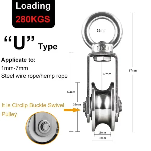 304 Stainless Steel Swivel Pulley Duplex Bearing Ultra Silent Detachable Rotation Heavy Duty Traction Wheel 280kg Load Capacity 360 Degree for Indoor Outdoor Rope Tool