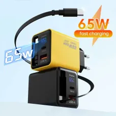 [GaN Tech] XY-1065 65W 2-Port USB PD Digital Display Charger with Type-C Retractable Cable PD Fast Charging Wall Charger Adapter EU Plug for iPhone 17 17 Pro 16 Pro Max 15 14 for Xiaomi 17pro for Samsung Galaxy S25 Ultra for Huawei Mate XTs