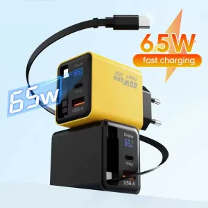 [GaN Tech] XY-1065 65W 2-Port USB PD Digital Display Charger with Type-C Retractable Cable PD Fast Charging Wall Charger Adapter EU Plug for iPhone 17 17 Pro 16 Pro Max 15 14 for Xiaomi 17pro for Samsung Galaxy S25 Ultra for Huawei Mate XTs