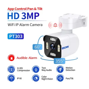 ESCAM PT303 3MP WiFi IP Alarm Camera Wireless Color Night Vision Human Detection Two Way Audio IP66 Audible Alarm H.265 APP Control PTZ Cameras