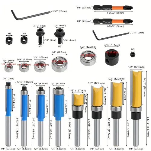 16pcs 1/4 Inch Shank Router Bit Set with Bearing Tungsten Carbide Tips Precision Bearings Steel Shanks Heat-Resistant Coating for Woodworking Trimming Grooving Forming