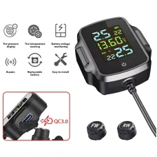 Motorcycle TPMS Tire Pressure Monitoring System QC3.0 Fast Charging USB Output Real Time Temperature Alarm IP67 Waterproof Anti Theft External Sensors Long Battery Life