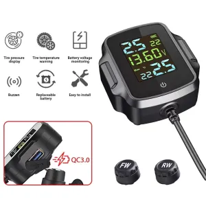 Motorcycle TPMS Tire Pressure Monitoring System QC3.0 Fast Charging USB Output Real Time Temperature Alarm IP67 Waterproof Anti Theft External Sensors Long Battery Life