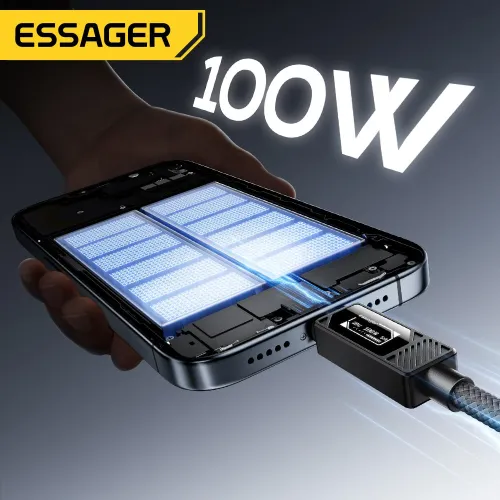 ESSAGER ES-X74 5A 100W Type-C to Type-C Digital Display Cable QC4.0/3.0 PD3.0 FCP Fast Charging Data Transmission Copper Core Line 0.25M/1M/2M Long for iPhone 17 17Pro Max 16 15 14 for Huawei Mate XTs for Xiaomi 17pro for OPPO for VIVO