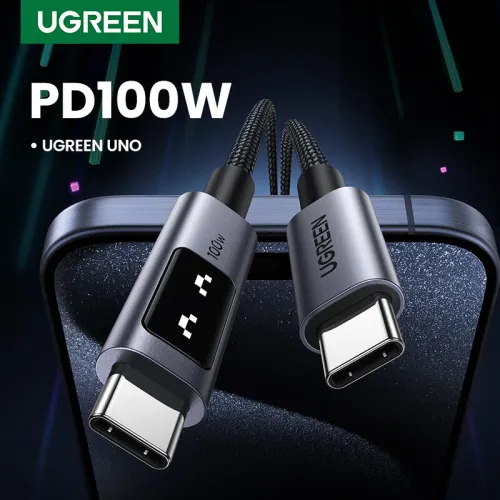 Ugreen L512 5A PD100W Type-C to Type-C LED Display Cable PD3.0 Fast Charging Data Transmission Copper Core Line 1M Long for iPhone 16 16 Plus 15 15 Pro Max for Huawei Mate XT for Xiaomi 15pro