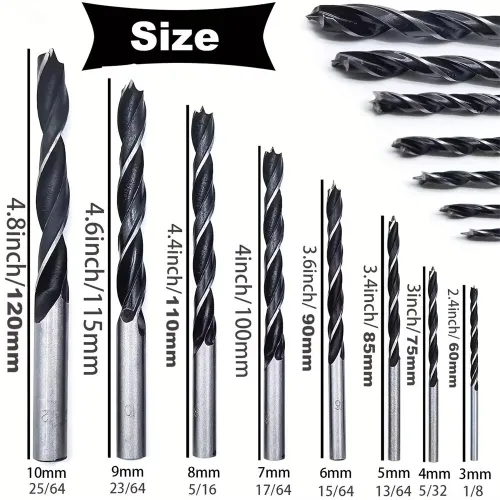 8-Piece Woodworking Drill Bit Set High Carbon Steel Brad-Point Tip 3mm to 10mm Fits Hand Electric Drills with Plastic Case