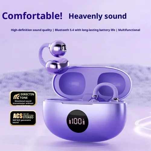 TS63 TWS Earclips Earbuds Wireless bluetooth 5.4 Earphone with Power Display 360 ACS Panoramic Sound AAC Audio Flexible Silicone Ergonomics Open-ear Sports Headphones