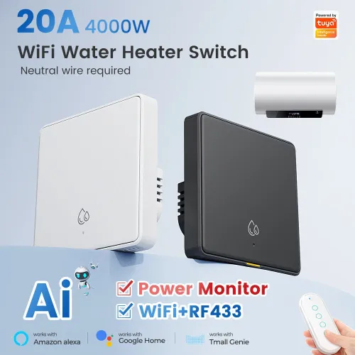 SMATRUL 20A 4000W WiFi RF433 Smart Switch For Hot Water Heater AI Assistant Tuya Wall Switch Power Monitor Voice & APP Remote Control Work With Alexa Google Home