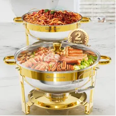 Warmounts Gold Chafing Dishes for Buffet with Glass Lid (5QT, 2/4 Pack), Round Chafer & Warmer Set with Lid Holder, Polished Stainless Steel, Rolled Rim Process, for Catering Events, Parties, Weddings