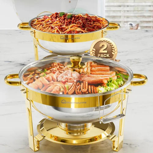 Warmounts Gold Chafing Dishes for Buffet with Glass Lid (5QT, 2/4 Pack), Round Chafer & Warmer Set with Lid Holder, Polished Stainless Steel, Rolled Rim Process, for Catering Events, Parties, Weddings