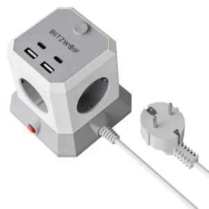 BlitzWolf BW-EC1 8-in-1 Vertical Cube EU Socket Plug Power Outlet Extender with 4 AC Outlets / 2 USB-A / 2 USB-C for MacBook iPad Game Office Home