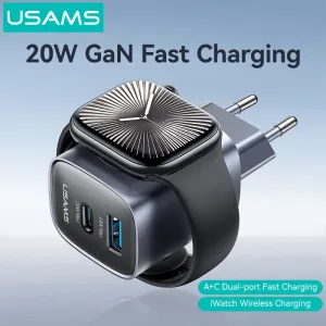 [GaN Tech] USAMS CC293 T67 20W 2-Port USB PD Charger with iWatch Wireless Charging Function USB-A+Type-C Fast Charging Wall Charger Adapter EU Plug for iPhone 16 16 Pro 15 14 13 Pro Max for Huawei Mate XT for Xiaomi 15pro for Apple Watch