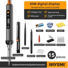 15 in 1 Rayenr Digital Soldering Iron 60W Temperature Control Ceramic Heating Rapid Heating 1.2m Cord Soldering Kit