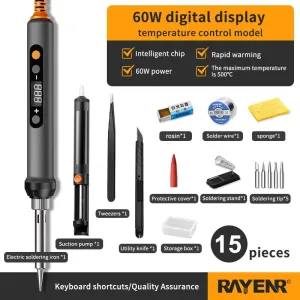 15 in 1 Rayenr Digital Soldering Iron 60W Temperature Control Ceramic Heating Rapid Heating 1.2m Cord Soldering Kit