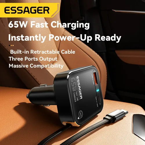ESSAGER F760 65W 3-Port USB PD Car Charger Adapter with USB-A+Type-C+Type-C Retractable Cable Support PD3.0 QC3.0 AFC FCP PPS iP2.4A Fast Charging for iPhone 16 15 Pro 14 13 12 Pro Max for Huawei Mate XT for Xiaomi 15pro