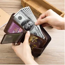 BULLCAPTAIN Genuine Leather Mens Zipper Wallet RFID Blocking Short Wallet Vintage Multi-card Holder Secure Coin Purse Compact Design Money Clip Stylish